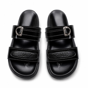 Mens Black Slide Sandals with Double Straps